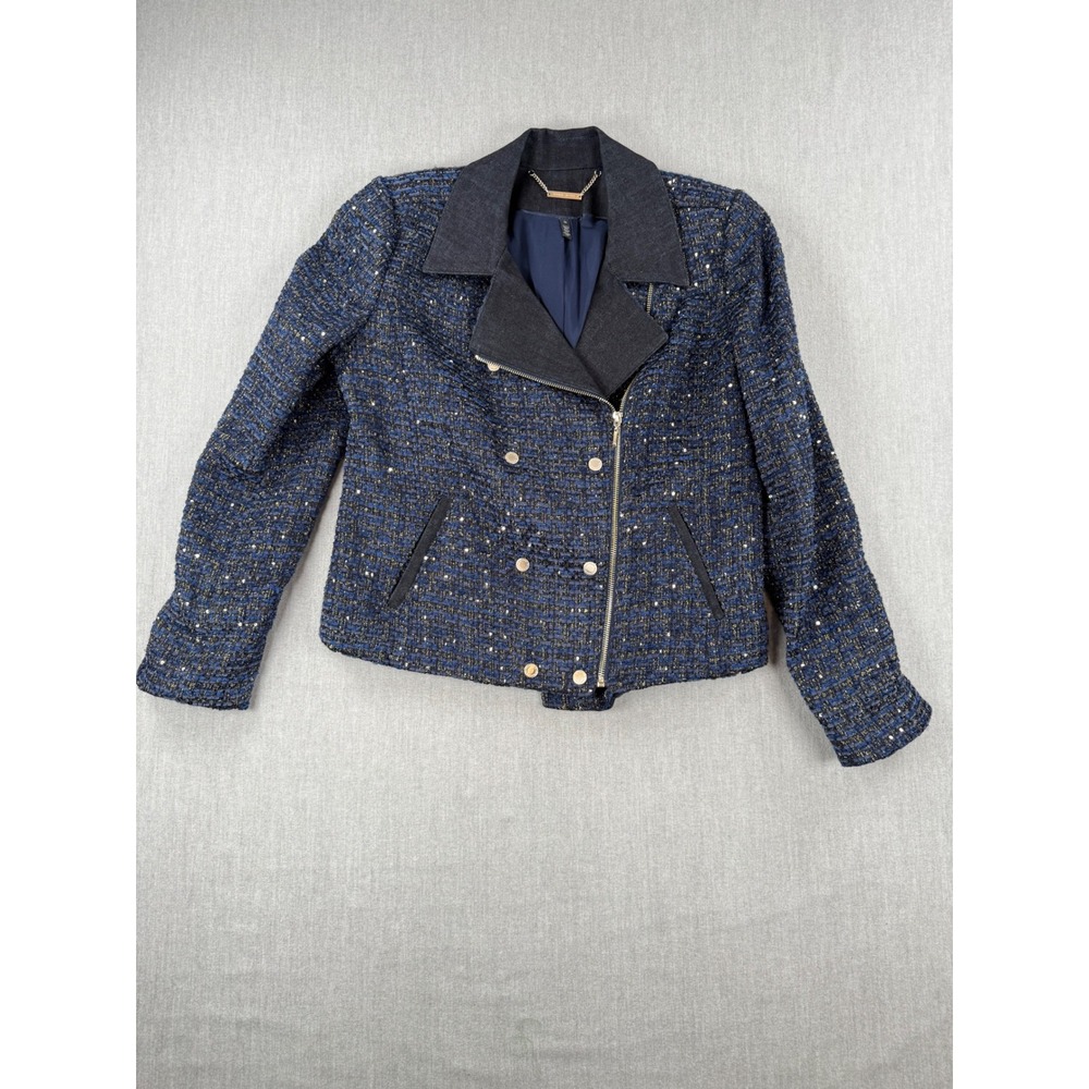 White House Black Market Blue Metallic Tweed Moto Jacket Navy Gold 14 802093